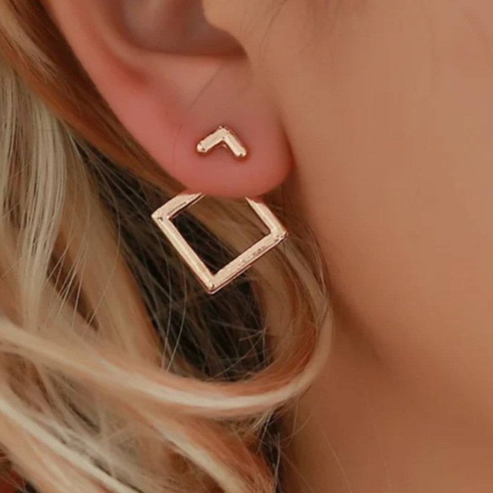 Gold layered jacket stud earrings tilted square dangle NWT OBO overlay fashion